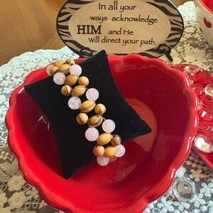 Wood and Rose Quartz Beaded Bracelet